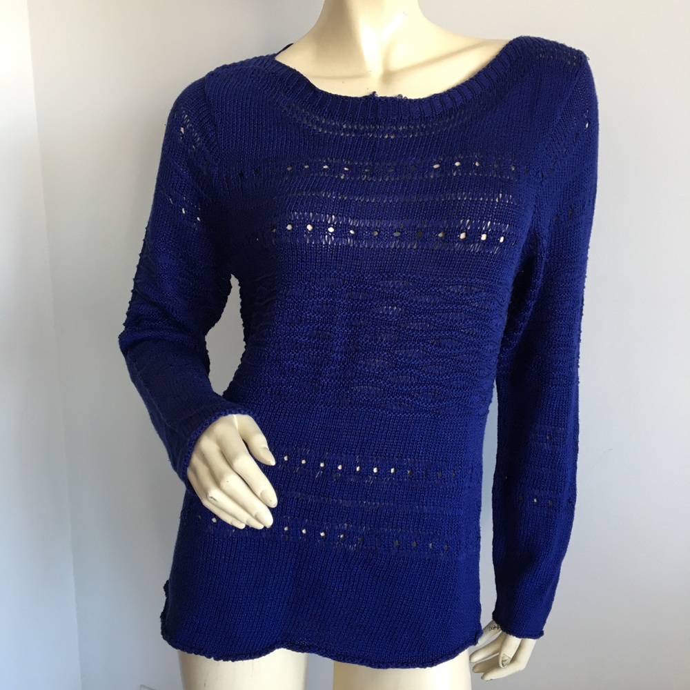 Premise Studio bright navy crochet sweater with scoop neck size Large